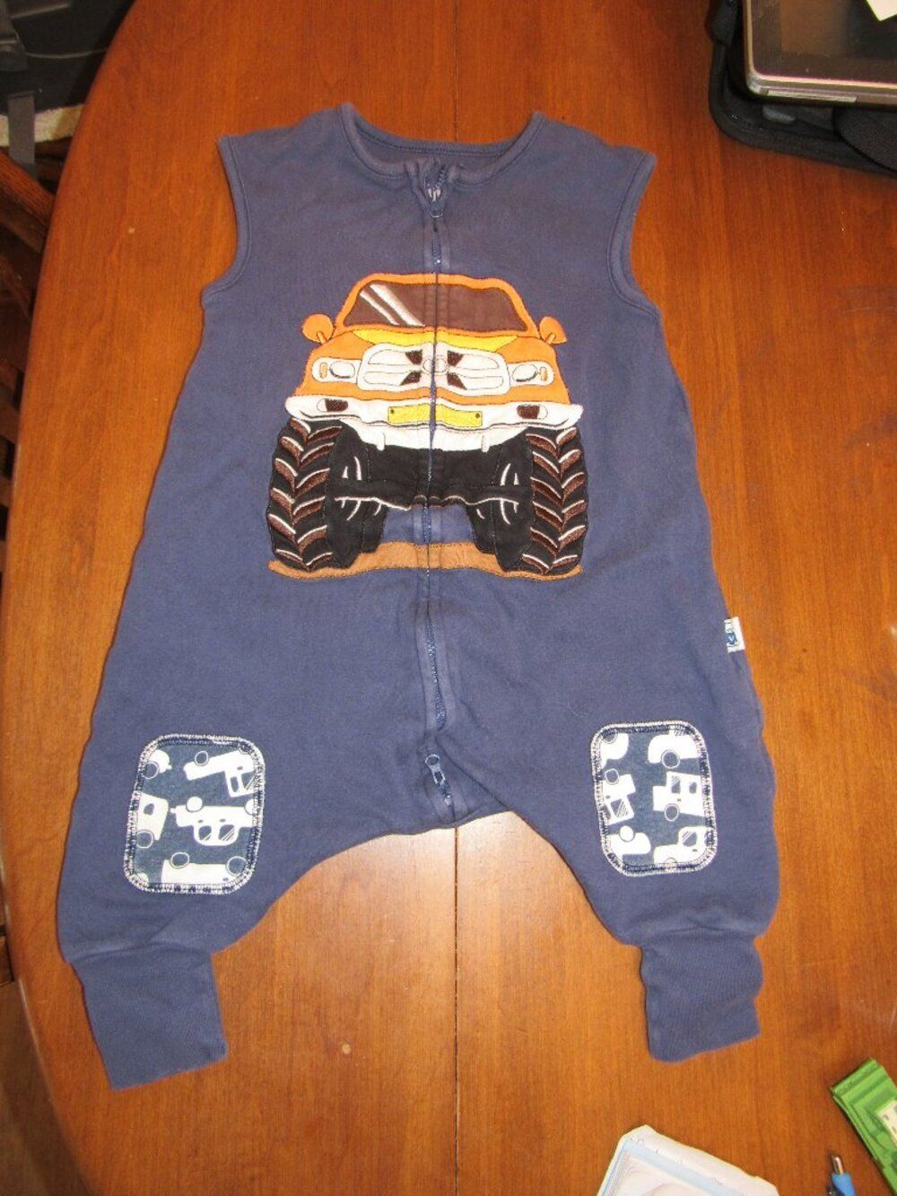 Navy Orange Monster Truck footed Sleep Sack with legs - Kids Pajamas sleeping